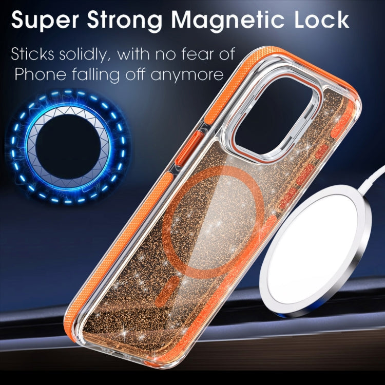 For iPhone 15 Plus Two-color Glitter Powder Lens Holder Magsafe Phone Case(Black) - iPhone 15 Plus Cases by buy2fix | Online Shopping UK | buy2fix