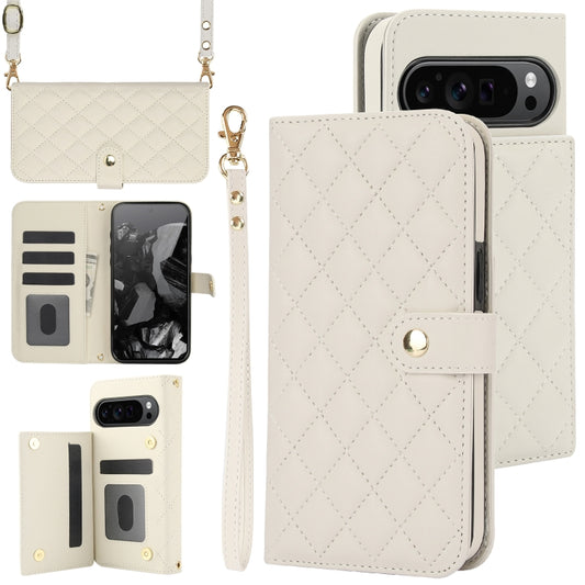 For Google Pixel 9 Crossbody Multifunction Rhombic Leather Phone Case(White) - Google Cases by buy2fix | Online Shopping UK | buy2fix