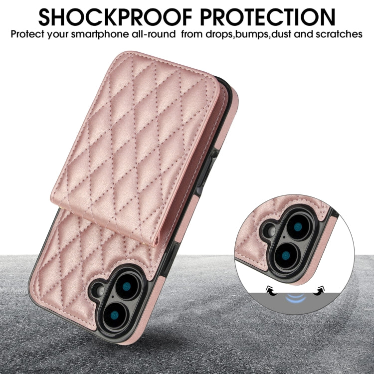 For iPhone 16 Plus YM015 Crossbody Rhombic Card Bag RFID Phone Case(Rose Gold) - iPhone 16 Plus Cases by buy2fix | Online Shopping UK | buy2fix