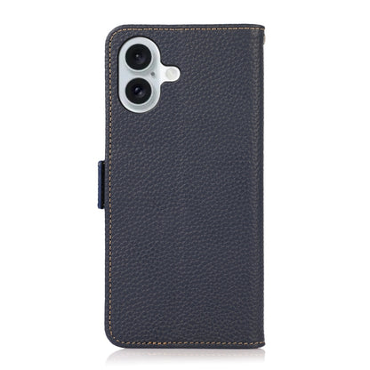 For iPhone 16 Plus KHAZNEH Side-Magnetic Litchi Genuine Leather RFID Case(Blue) - iPhone 16 Plus Cases by buy2fix | Online Shopping UK | buy2fix