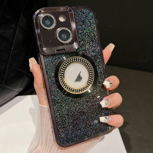 For iPhone 14 Starry Glitter MagSafe Lens Holder Phone Case(Black) - iPhone 14 Cases by buy2fix | Online Shopping UK | buy2fix