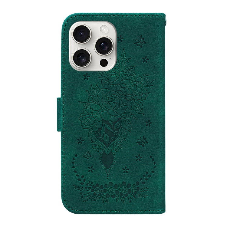 For iPhone 16 Pro Butterfly Rose Embossed Leather Phone Case(Green) - iPhone 16 Pro Cases by buy2fix | Online Shopping UK | buy2fix