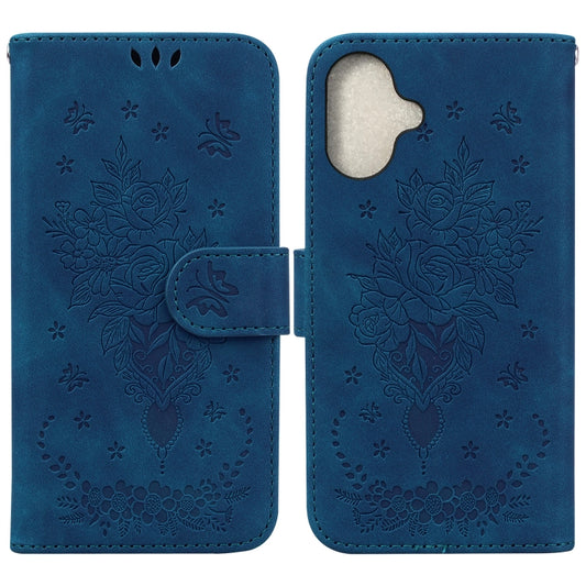 For iPhone 16 Butterfly Rose Embossed Leather Phone Case(Blue) - iPhone 16 Cases by buy2fix | Online Shopping UK | buy2fix