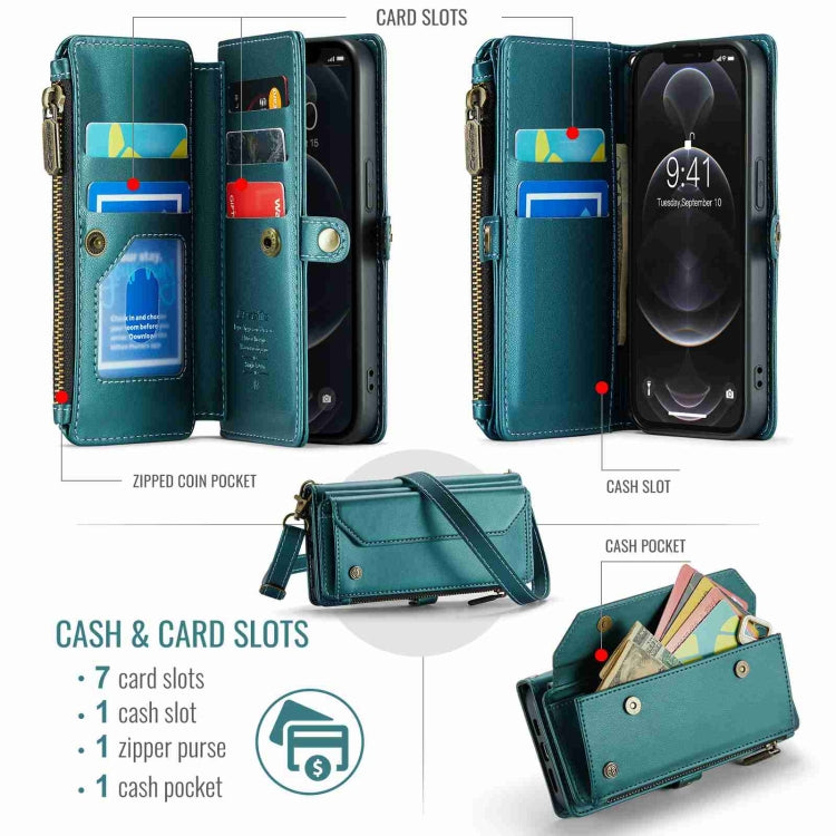 For iPhone 12 Pro CaseMe C36 Card Slots Zipper Wallet RFID Anti-theft Leather Phone Case(Blue-green) - iPhone 12 / 12 Pro Cases by CaseMe | Online Shopping UK | buy2fix