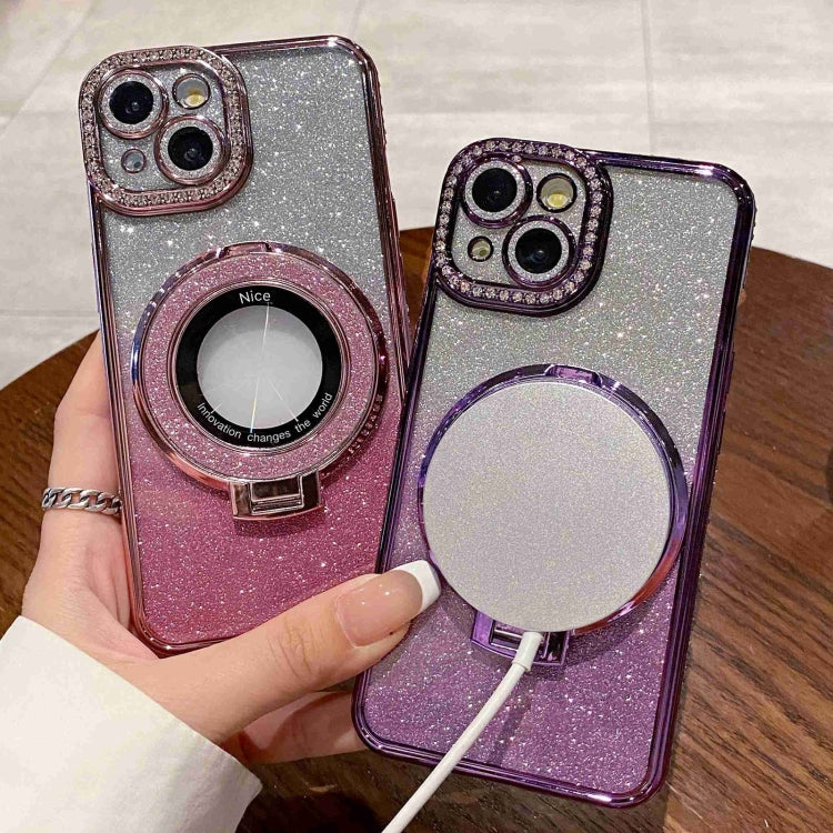 For iPhone 15 Pro Gradient Glitter Diamond Plated Holder Magsafe Phone Case(Purple) - iPhone 15 Pro Cases by buy2fix | Online Shopping UK | buy2fix