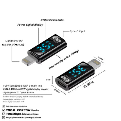 8 Pin Male to Type-C Female 35W Charging Adapter with Digital Display(Black) - Converter & Adapter by buy2fix | Online Shopping UK | buy2fix