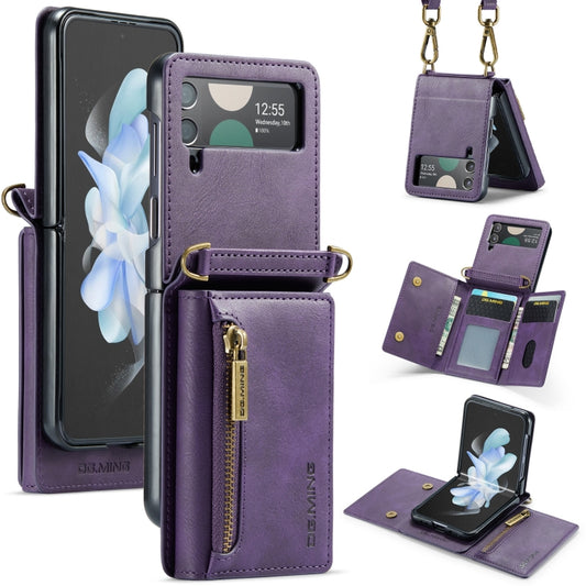 For Samsung Galaxy Z Flip4 5G DG.MING M5 Series Zip RFID Multi Card Detachable Leather Phone Case with Long Lanyard(Purple) - Galaxy Z Flip4 5G Cases by DG.MING | Online Shopping UK | buy2fix