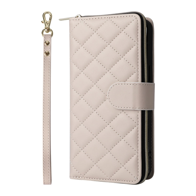 For iPhone 16 Pro Max Crossbody Rhombic Zipper Tower Buckle Leather Phone Case with Lanyard(Beige) - iPhone 16 Pro Max Cases by buy2fix | Online Shopping UK | buy2fix