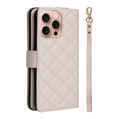 For iPhone 16 Pro Crossbody Rhombic Zipper Tower Buckle Leather Phone Case with Lanyard(Beige) - iPhone 16 Pro Cases by buy2fix | Online Shopping UK | buy2fix