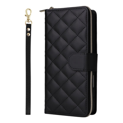 For iPhone 16 Plus Crossbody Rhombic Zipper Tower Buckle Leather Phone Case with Lanyard(Black) - iPhone 16 Plus Cases by buy2fix | Online Shopping UK | buy2fix