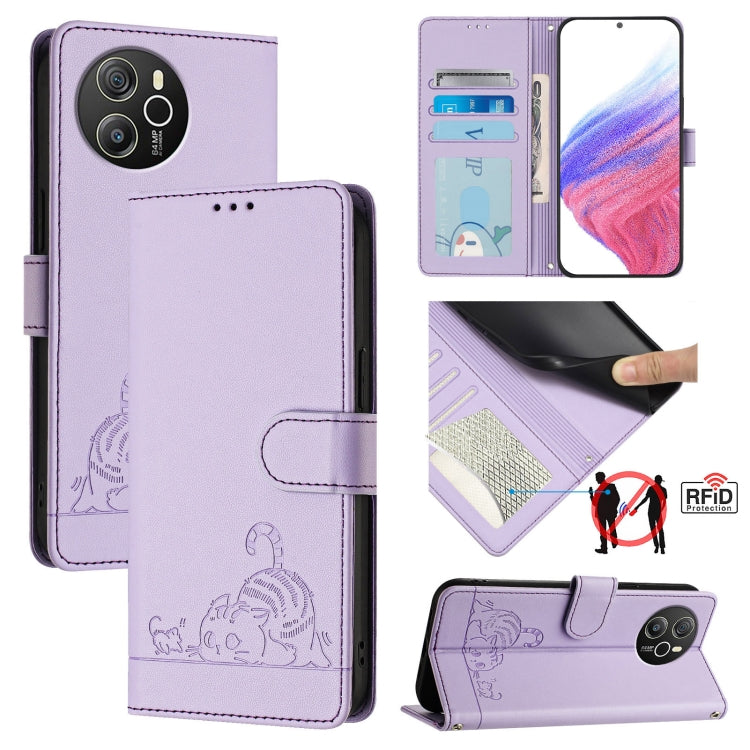 For Blackview Shark 8 Cat Rat Embossed Pattern RFID Leather Phone Case with Lanyard(Purple) - More Brand by buy2fix | Online Shopping UK | buy2fix