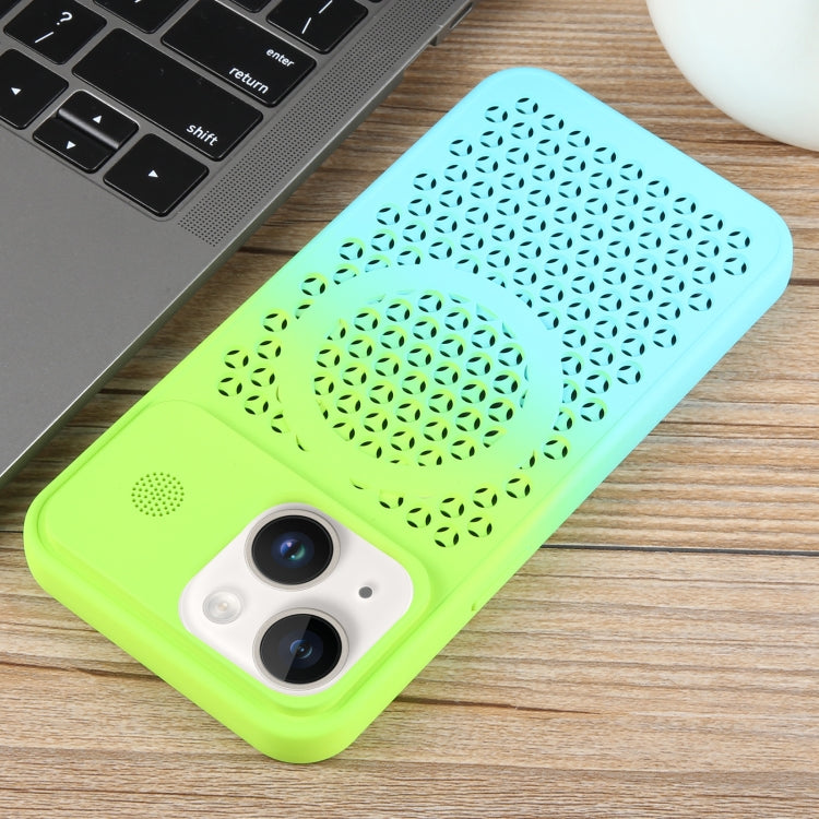 For iPhone 14 Gradient Color Honeycomb Aromatherapy MagSafe Phone Case(Green Blue) - iPhone 14 Cases by buy2fix | Online Shopping UK | buy2fix