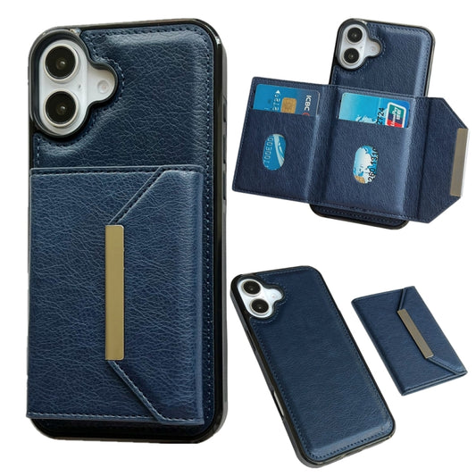 For iPhone 16 Plus Solid Color Metal Buckle Card Slots Bag Phone Case(Blue) - iPhone 16 Plus Cases by buy2fix | Online Shopping UK | buy2fix