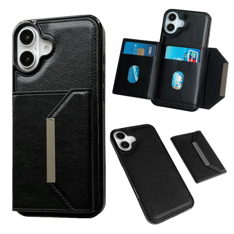 For iPhone 16 Solid Color Metal Buckle Card Slots Bag Phone Case(Black) - iPhone 16 Cases by buy2fix | Online Shopping UK | buy2fix