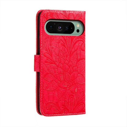 For Google Pixel 9 Lace Flower Embossing Flip Leather Phone Case(Red) - Google Cases by buy2fix | Online Shopping UK | buy2fix