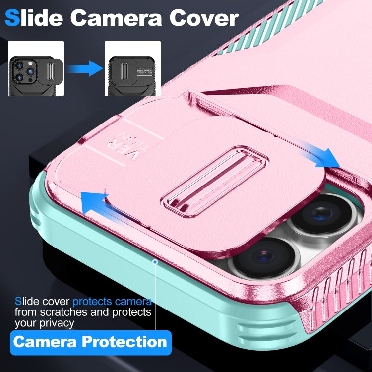 For iPhone 16 Pro Sliding Camshield Phone Case(Pink + Grey Green) - iPhone 16 Pro Cases by buy2fix | Online Shopping UK | buy2fix