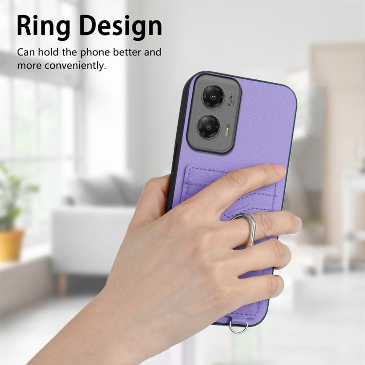 For Motorola Moto G Stylus 5G 2024 R20 Crossbody Rope Ring Card Holder Phone Case(Purple) - Motorola Cases by buy2fix | Online Shopping UK | buy2fix