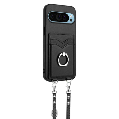 For Google Pixel 9 / 9 Pro R20 Crossbody Rope Ring Card Holder Phone Case(Black) - Google Cases by buy2fix | Online Shopping UK | buy2fix