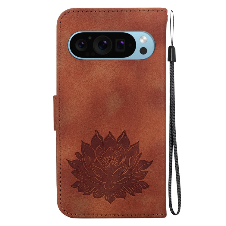 For Google Pixel 9 Pro Lotus Embossed Leather Phone Case(Brown) - Google Cases by buy2fix | Online Shopping UK | buy2fix