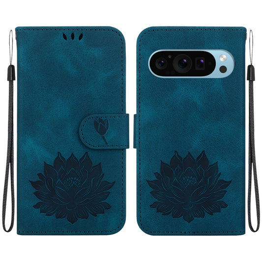 For Google Pixel 9 Pro Lotus Embossed Leather Phone Case(Dark Blue) - Google Cases by buy2fix | Online Shopping UK | buy2fix