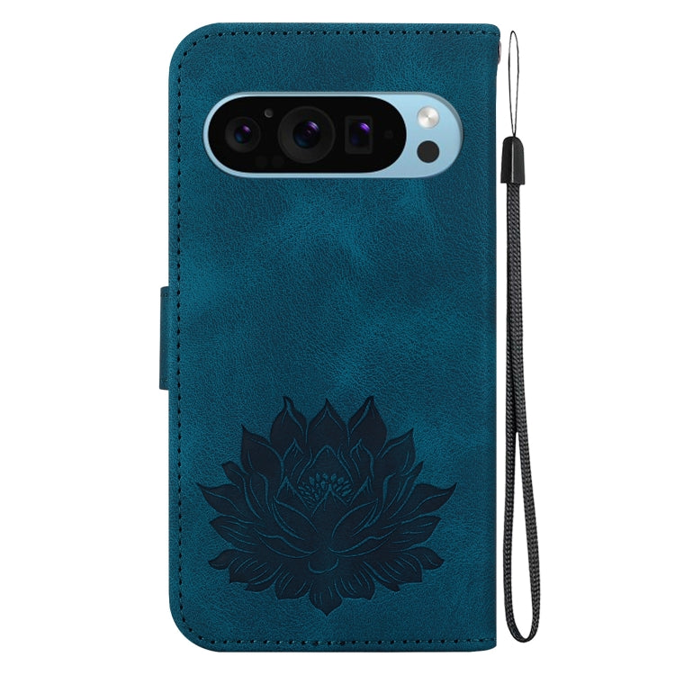 For Google Pixel 9 Lotus Embossed Leather Phone Case(Dark Blue) - Google Cases by buy2fix | Online Shopping UK | buy2fix