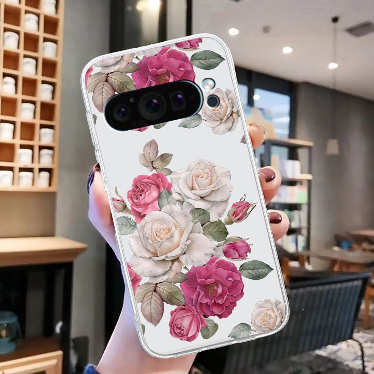 For Google Pixel 9 Colored Drawing Pattern Transparent TPU Phone Case(Peony) - Google Cases by buy2fix | Online Shopping UK | buy2fix