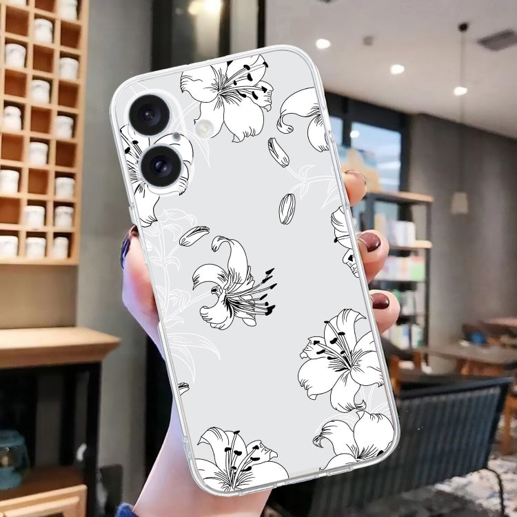 For iPhone 16 Colored Drawing Pattern Transparent TPU Phone Case(White Flower) - iPhone 16 Cases by buy2fix | Online Shopping UK | buy2fix