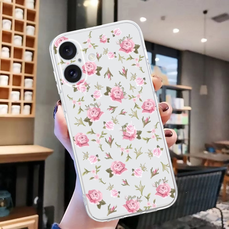 For iPhone 16 Colored Drawing Pattern Transparent TPU Phone Case(Pink Floral) - iPhone 16 Cases by buy2fix | Online Shopping UK | buy2fix