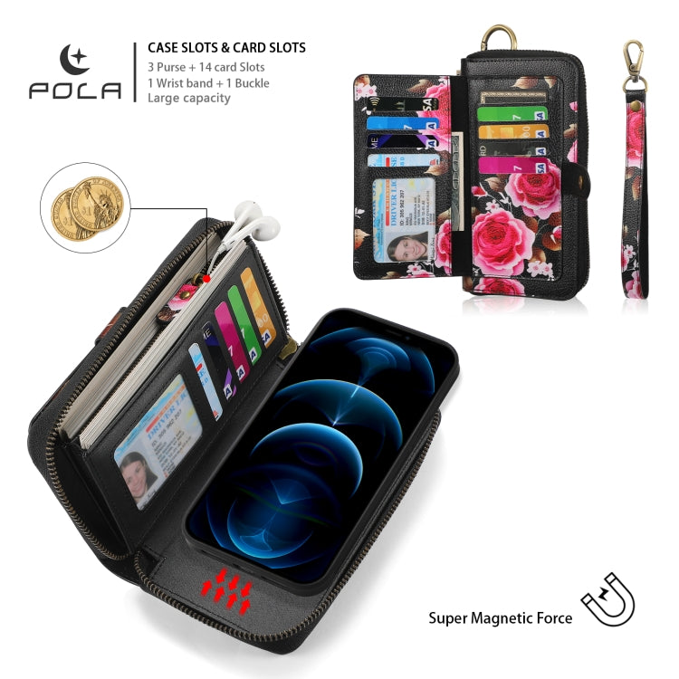 For iPhone 12 / 12 Pro POLA MagSafe Flower Multi-functional Zipper Wallet Leather Phone Case(Black) - iPhone 12 / 12 Pro Cases by buy2fix | Online Shopping UK | buy2fix