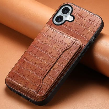 For iPhone 16 Crocodile Texture Card Bag Design Full Coverage Phone Case(Brown) - iPhone 16 Cases by buy2fix | Online Shopping UK | buy2fix