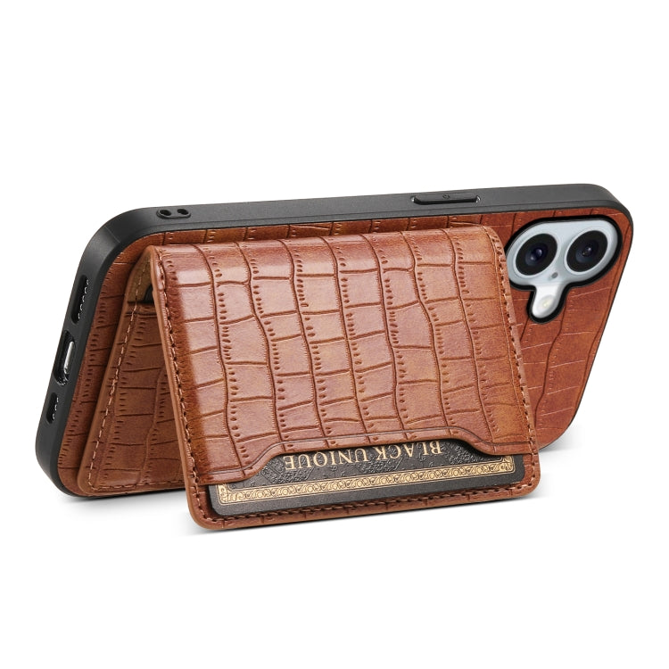 For iPhone 16 Crocodile Texture Card Bag Design Full Coverage Phone Case(Brown) - iPhone 16 Cases by buy2fix | Online Shopping UK | buy2fix