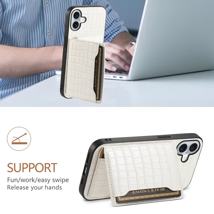 For iPhone 16 Plus Crocodile Texture Card Bag Design Full Coverage Phone Case(White) - iPhone 16 Plus Cases by buy2fix | Online Shopping UK | buy2fix