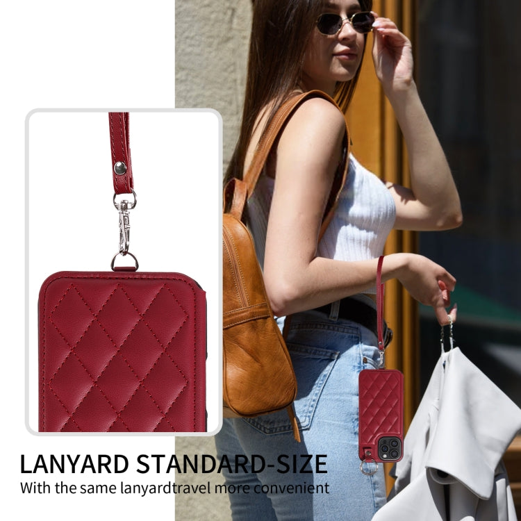 For iPhone 16 Pro Max Rhombic Texture Card Bag Phone Case with Short Lanyard(Wine Red) - iPhone 16 Pro Max Cases by buy2fix | Online Shopping UK | buy2fix