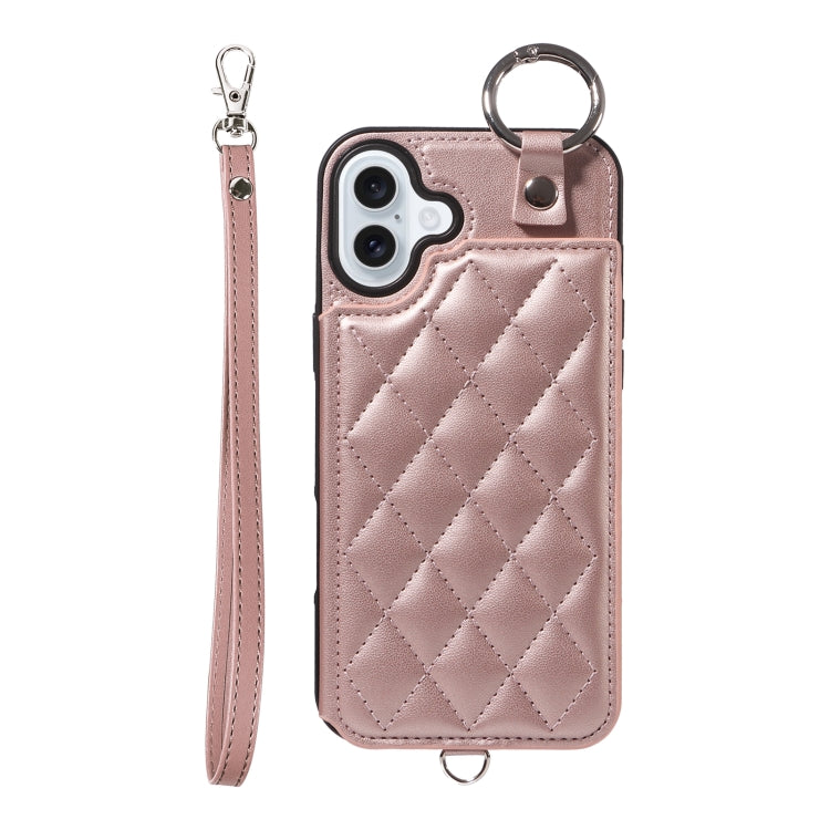 For iPhone 16 Plus Rhombic Texture Card Bag Phone Case with Short Lanyard(Rose Gold) - iPhone 16 Plus Cases by buy2fix | Online Shopping UK | buy2fix