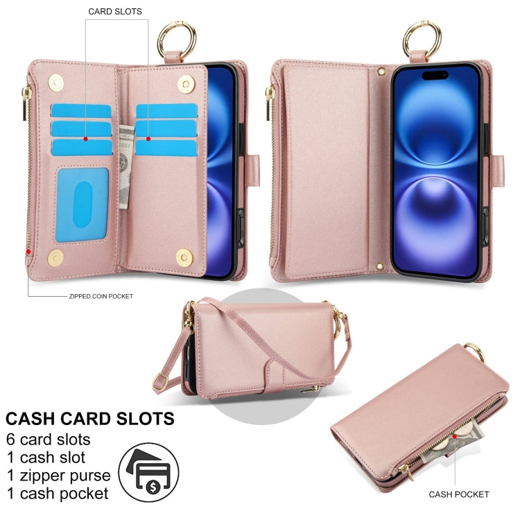 For iPhone 16 Crossbody Ring Multifunctional Wallet Leather Phone Case(Rose Gold) - iPhone 16 Cases by buy2fix | Online Shopping UK | buy2fix