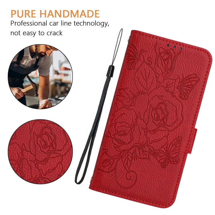 For iPhone SE 2024 Embossed Rose RFID Anti-theft Leather Phone Case(Red) - More iPhone Cases by buy2fix | Online Shopping UK | buy2fix