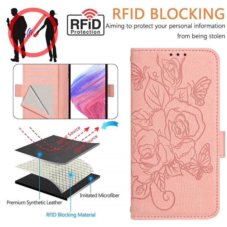 For Samsung Galaxy S25 5G Embossed Rose RFID Anti-theft Leather Phone Case(Pink) - Galaxy S25 5G Cases by buy2fix | Online Shopping UK | buy2fix