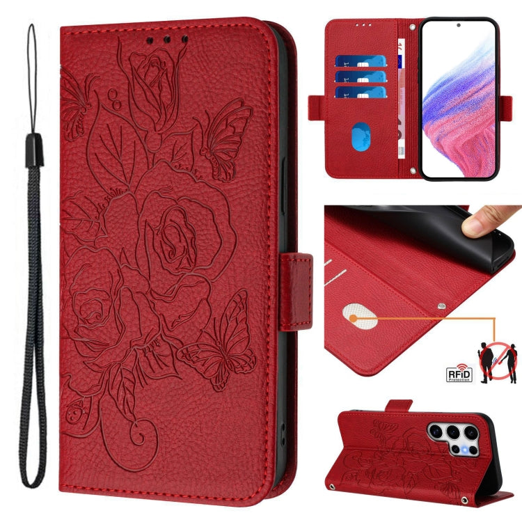 For Samsung Galaxy S25 Ultra 5G Embossed Rose RFID Anti-theft Leather Phone Case(Red) - Galaxy S25 Ultra 5G Cases by buy2fix | Online Shopping UK | buy2fix