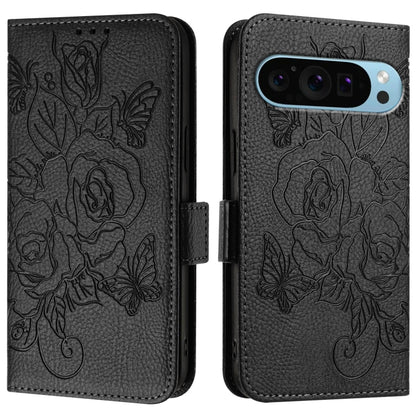 For Google Pixel 9 / 9 Pro Embossed Rose RFID Anti-theft Leather Phone Case(Black) - Google Cases by buy2fix | Online Shopping UK | buy2fix