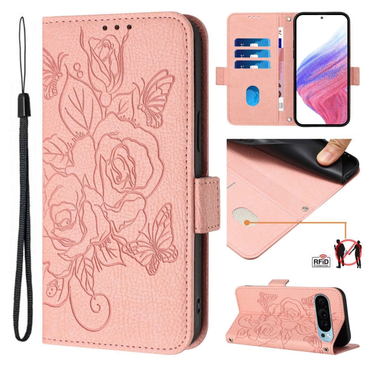 For Google Pixel 9 Pro XL Embossed Rose RFID Anti-theft Leather Phone Case(Pink) - Google Cases by buy2fix | Online Shopping UK | buy2fix