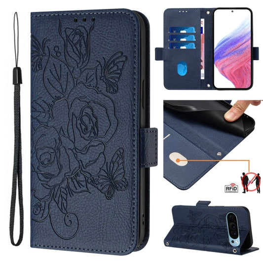 For Google Pixel 9 Pro XL Embossed Rose RFID Anti-theft Leather Phone Case(Dark Blue) - Google Cases by buy2fix | Online Shopping UK | buy2fix