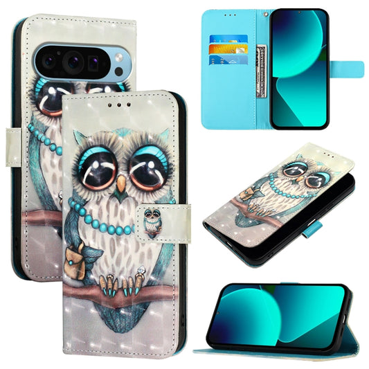 For Google Pixel 9 3D Painting Horizontal Flip Leather Phone Case(Grey Owl) - Google Cases by buy2fix | Online Shopping UK | buy2fix