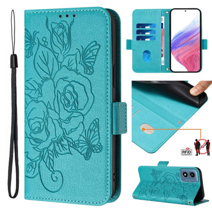 For Motorola Moto G Play 5G / G 5G 2024 Embossed Rose RFID Anti-theft Leather Phone Case(Light Blue) - Motorola Cases by buy2fix | Online Shopping UK | buy2fix