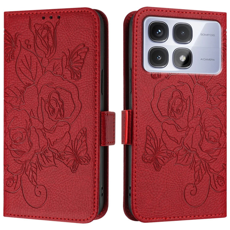 For Redmi K70 Ultra 5G Global Embossed Rose RFID Anti-theft Leather Phone Case(Red) - Xiaomi Cases by buy2fix | Online Shopping UK | buy2fix