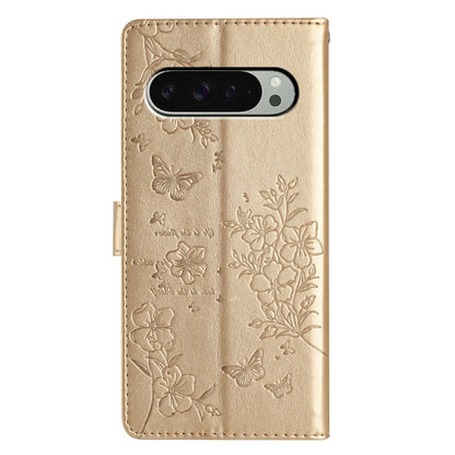 For Google Pixel 9 Pro XL Butterflies and Flowers Leather Phone Case(Gold) - Google Cases by buy2fix | Online Shopping UK | buy2fix