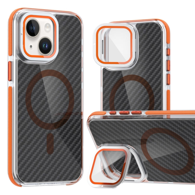 For iPhone 13 / 14 Magsafe Dual-Color Carbon Fiber Lens Film Phone Case with Lens Fold Holder(Orange) - iPhone 13 Cases by buy2fix | Online Shopping UK | buy2fix