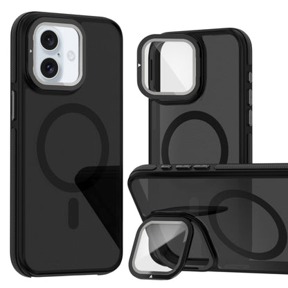 For iPhone 16 Plus Magsafe Dual-Color Skin Feel Lens Film Phone Case with Lens Fold Holder(Black) - iPhone 16 Plus Cases by buy2fix | Online Shopping UK | buy2fix