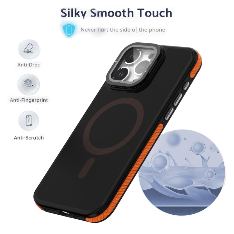 For iPhone 16 Plus Magsafe Dual-Color Skin Feel Lens Film Phone Case with Lens Fold Holder(Black) - iPhone 16 Plus Cases by buy2fix | Online Shopping UK | buy2fix