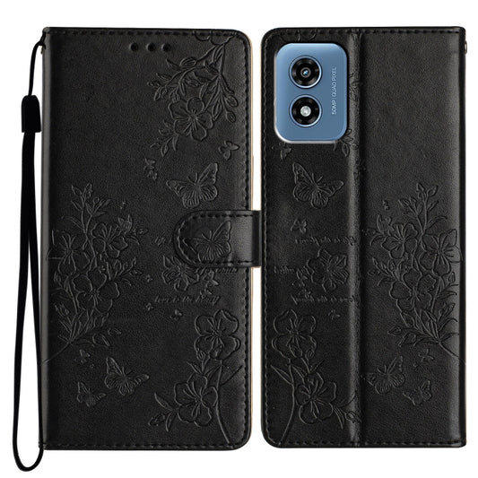 For Motorola Moto G Play 2024 Butterflies and Flowers Leather Phone Case(Black) - Motorola Cases by buy2fix | Online Shopping UK | buy2fix