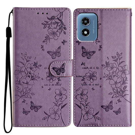 For Motorola Moto G Play 2024 Butterflies and Flowers Leather Phone Case(Purple) - Motorola Cases by buy2fix | Online Shopping UK | buy2fix